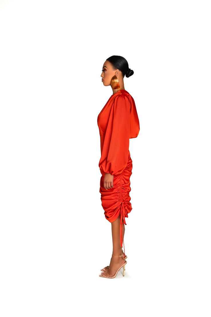 ACCESSORIES ARE NOT INCLUDED Product Description: Color: Orange High neck Balloon sleeve Double ruched sides Adjustable sides Versatile style Backless Midi Model info:Height 5’8Bust: 32 Bra Size 32DWaist: 24Hips: 35 1/2 Stretch Draped Midi Dress With Ruched Sides, Party Long Sleeve Midi Dress With Ruched Sides, Party Midi Dress With Ruched Sides And Long Sleeves, Long Sleeve Dresses With Ruched Sides For Formal Occasions, Ruched Knee-length Midi Dress For Fall, Knee-length Ruched Midi Dress, Summer Long Sleeve Dress With Ruched Sides, Spring Draped Ruched Bodycon Dress, Long Sleeve Ruched Bodycon Dress For Spring