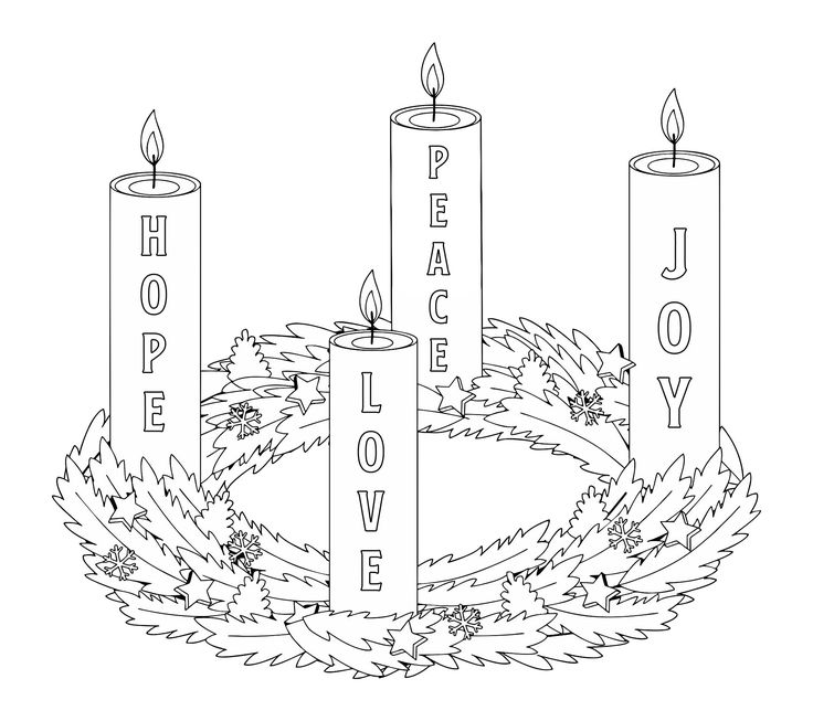 three candles with the words peace and joy surrounded by holly wreaths in black and white