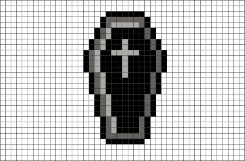 an image of a pixellated black and white figure with a cross on it's chest