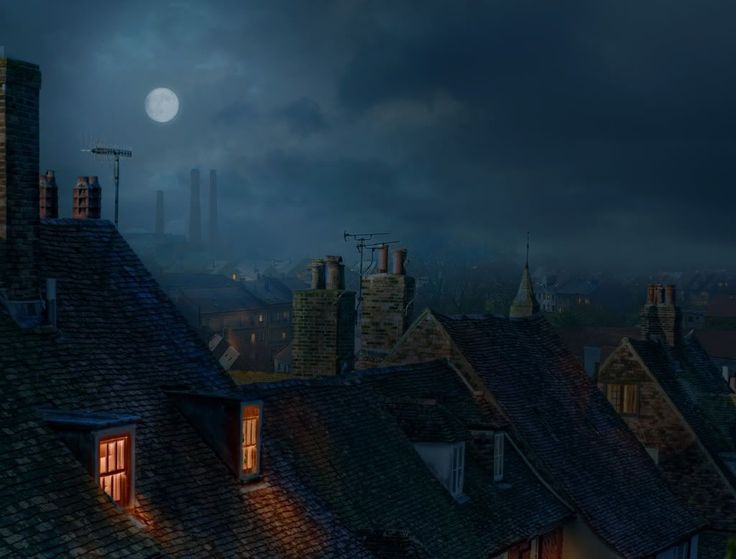 a full moon shines brightly in the night sky over rooftops and chimneys on houses