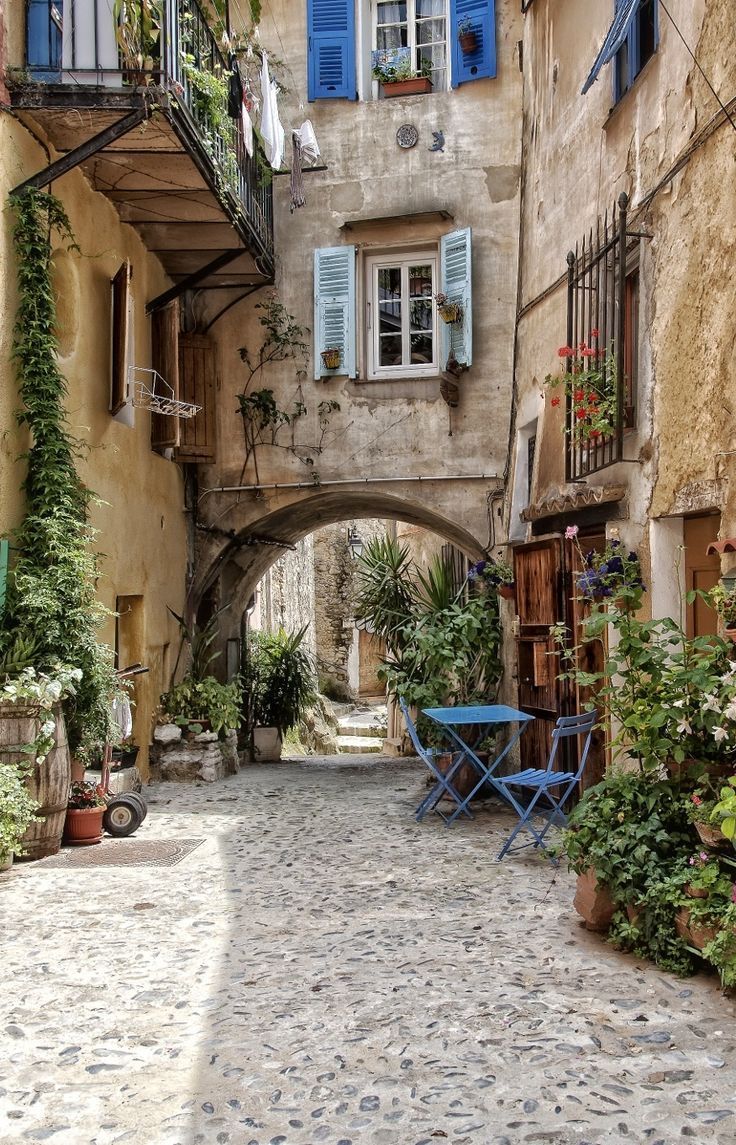 an alleyway with blue shutters and potted plants on either side, surrounded by stone buildings