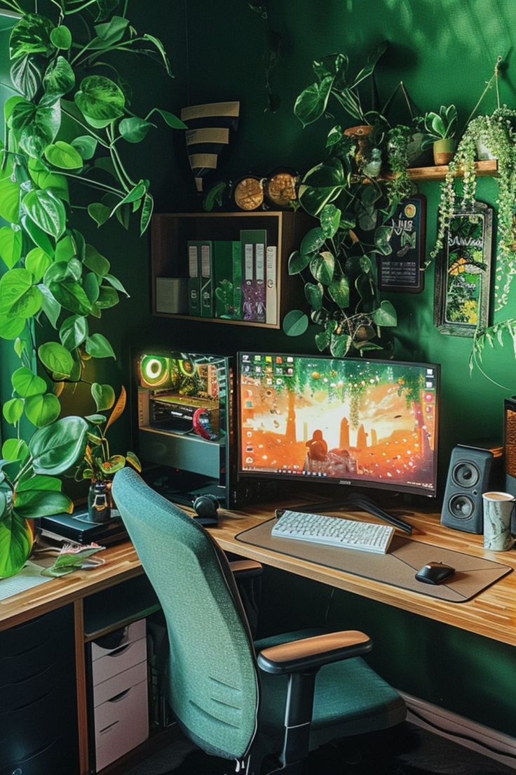 a desk with two computer monitors and a keyboard on it, in front of a green plant filled wall