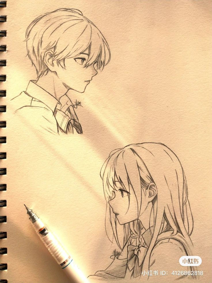 a drawing of two people next to each other with a pen in front of them