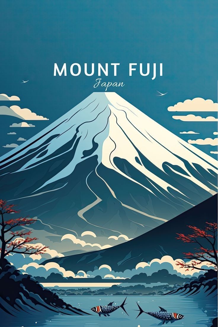 an image of a mountain fuji japan with two canoes in the foreground and trees on the other side