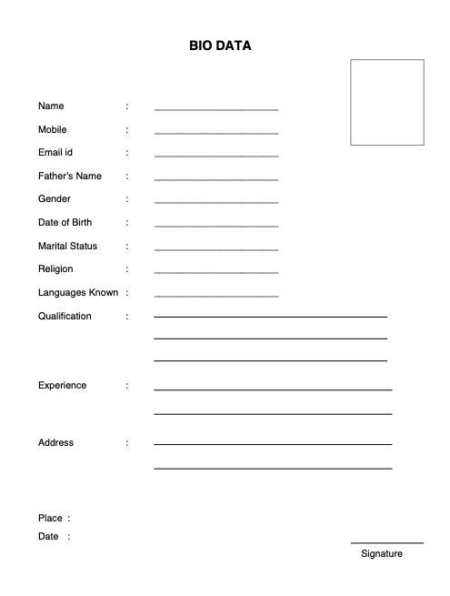 a blank paper with the words bio data on it