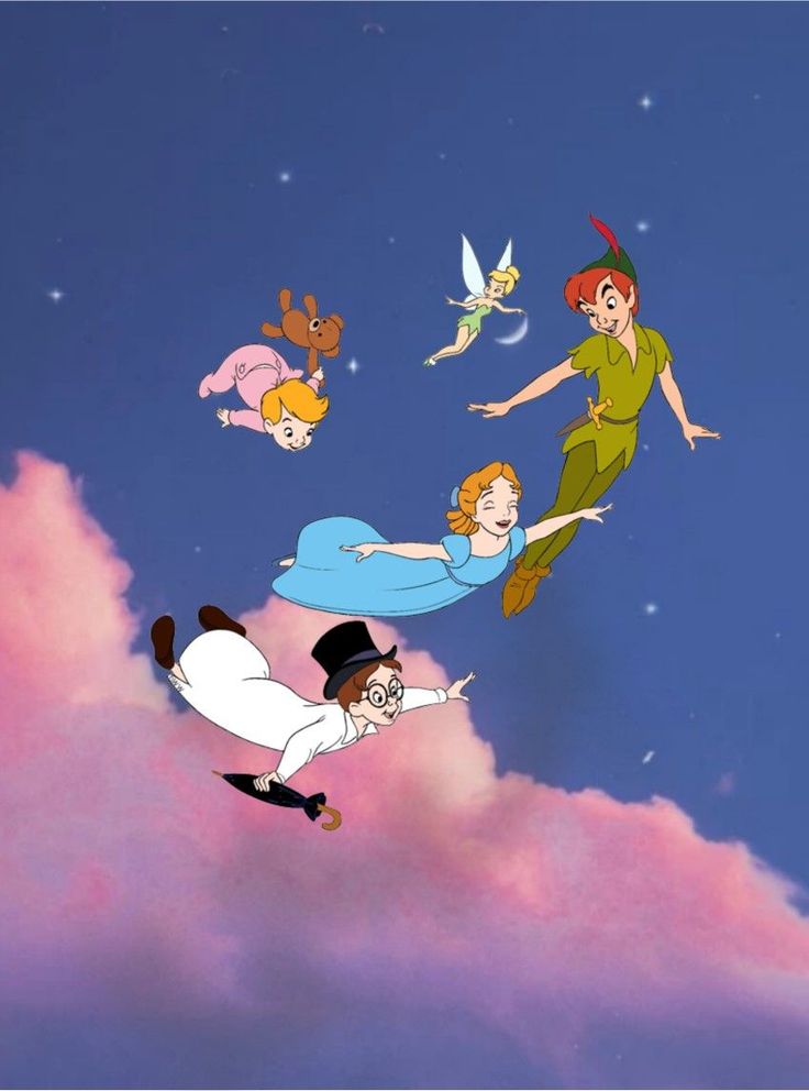 disney characters flying in the sky with pink clouds