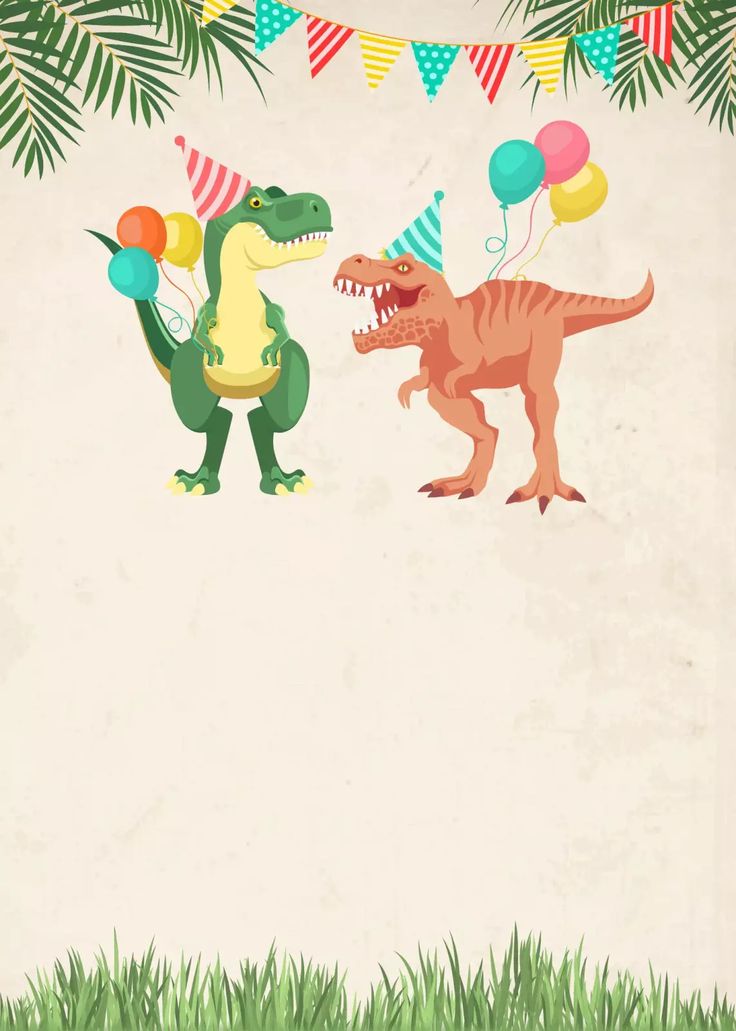 two dinosaurs with party hats and balloons