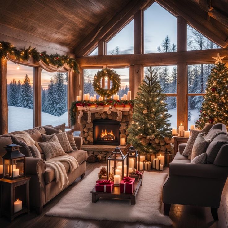 a living room filled with lots of furniture and christmas trees in front of a fire place