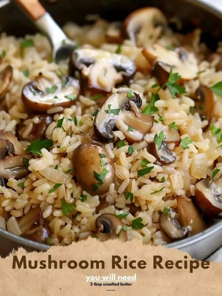 mushroom rice recipe in a pan with a spoon