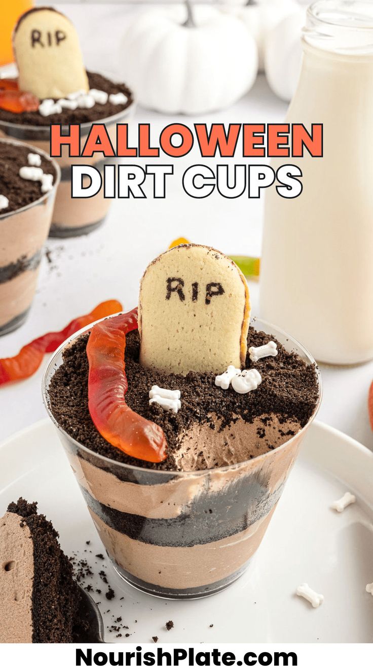 halloween dirt cups on a white plate with chocolate cake and whipped cream in the middle