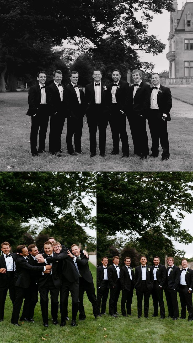 a group of men in tuxedos posing for pictures