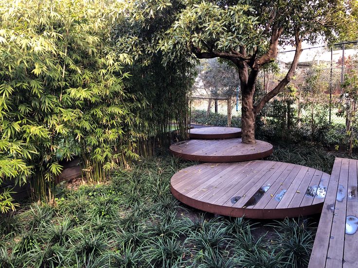 a wooden deck in the middle of a garden