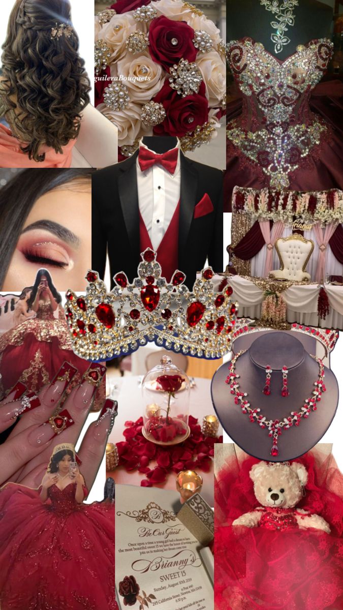 a collage of photos with red and white wedding gown, tiara, teddy bear