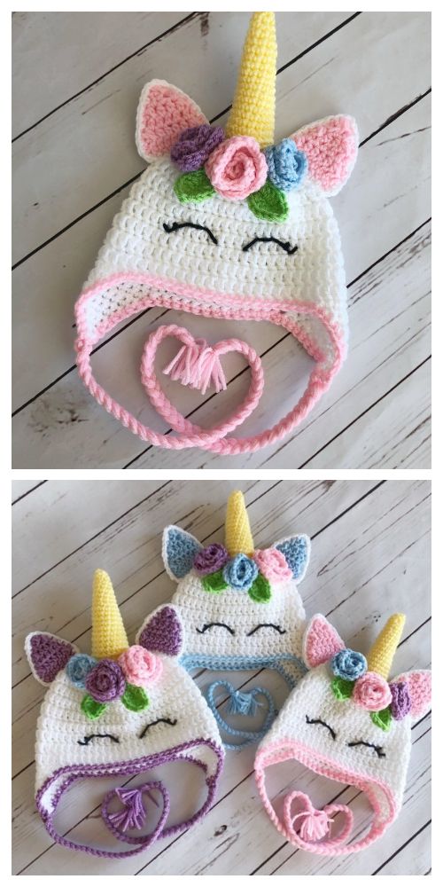 crocheted unicorn hats with flowers on them are shown in three different colors and sizes