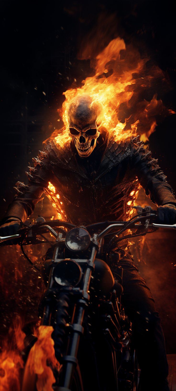 a skeleton riding on the back of a motorcycle with flames coming out of its tires