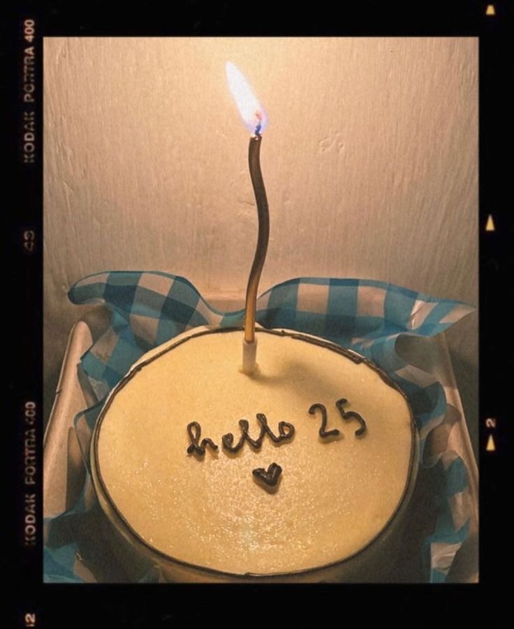 a birthday cake with a lit candle on top