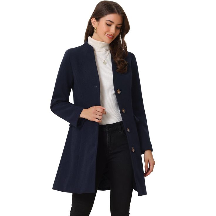 This coat is spun from soft fabric and fully lined, which is comfortable for all-day wear with big slant pockets. Pair beautifully with a range of outfits to finish your effortlessly stylish look, from top and bottom to dress. Slip into this coat on your way to work during cold mornings or add it as a comfortable layer to your everyday t-shirt and jeans. Casual Long Wool Coat Solid Color, Casual Long Wool Coat In Solid Color, Casual Long Solid Wool Coat, Casual Long Solid Color Wool Coat, Fall Long Sleeve Peacoat, Casual Wool Coat For Workwear, Solid Color, Casual Solid Wool Coat For Work, Blue Outerwear With Button Closure For Business Casual, Workwear Peacoat With Hidden Button Closure