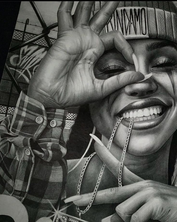 a black and white drawing of a woman holding her hands up to her face while smiling