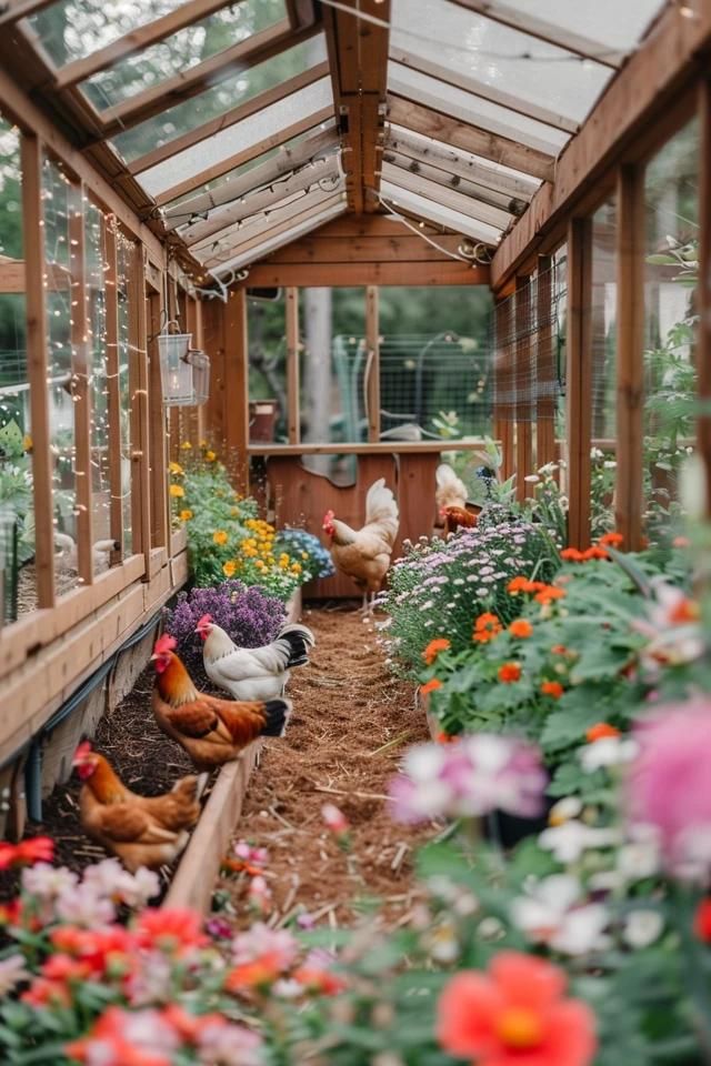 Creative Chicken Run Roof Ideas for Your Flock Two Chicken Coops One Run, Chicken Run Greenhouse, Pretty Chicken Run Ideas, Duck Chicken Coop Ideas, Permaculture Chicken Coop, Chicken Coop Yard Ideas, Garden Chicken Run, Chicken Coop And Garden Ideas, Chicken Winter Coop