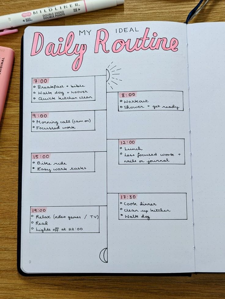 an open notebook with daily routine notes on it