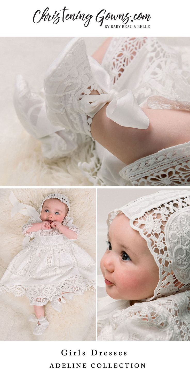 a baby girl wearing a white dress and bonnet