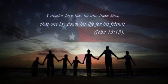 silhouettes of people holding hands with the american flag in the background and bible verse about greater love