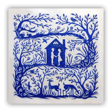 a blue and white tile with an image of a house in the woods, surrounded by trees