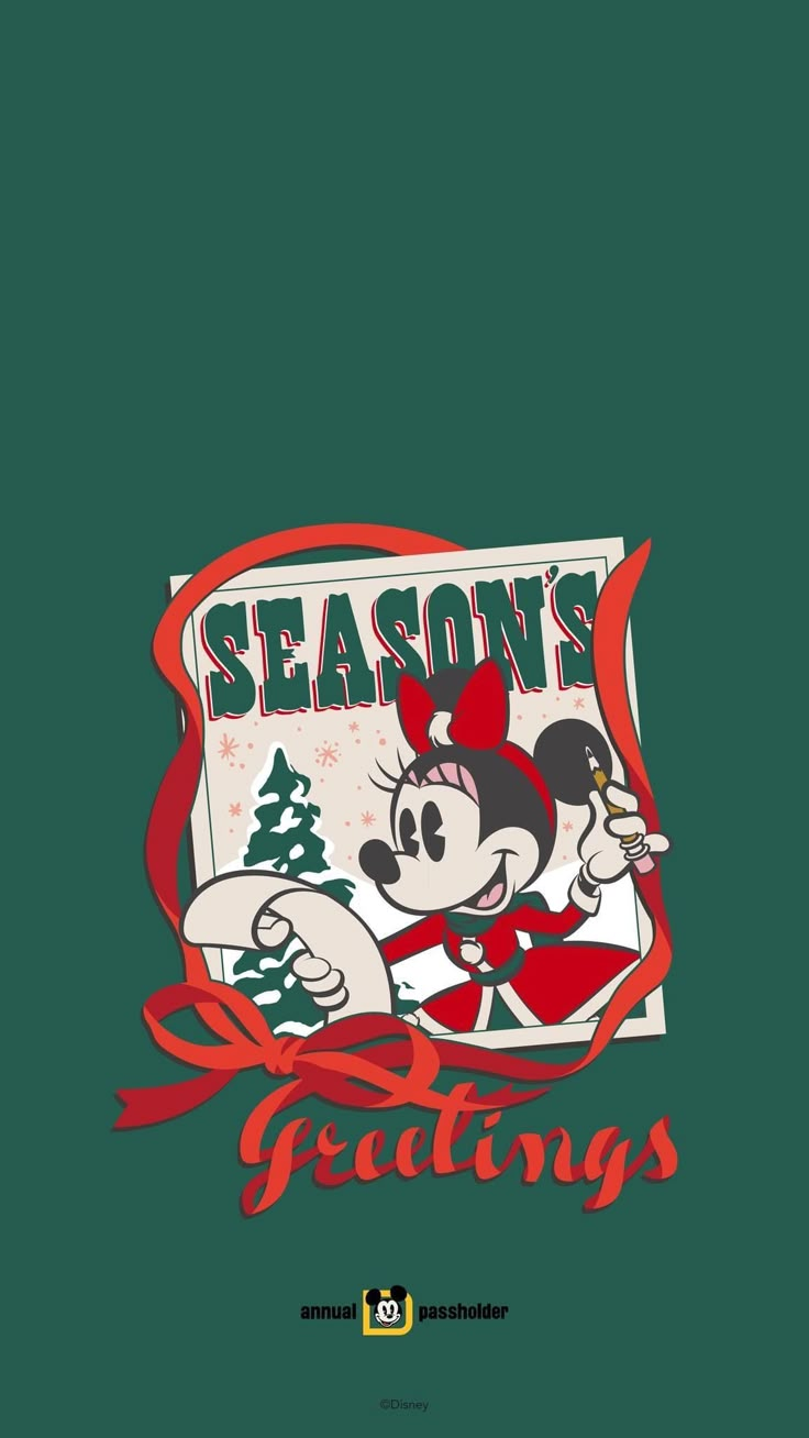 the cover for season's greetings, featuring mickey mouse and minnie mouse with christmas trees