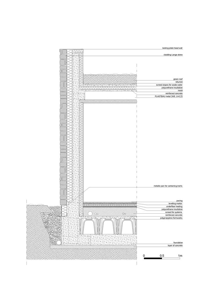 an architectural drawing shows the details of a building's exterior and its surrounding walls