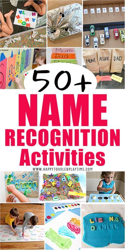 the words name recognition activities are shown in this collage