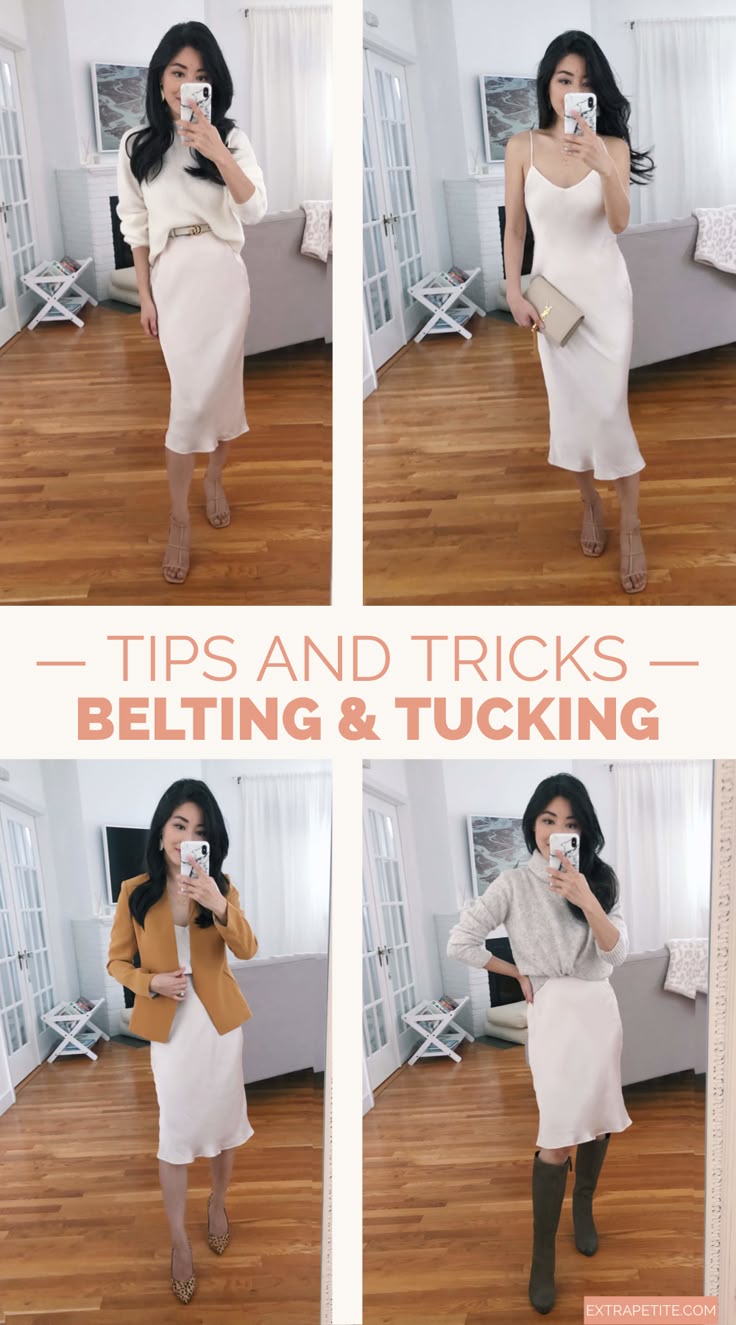 how to style a sweater over a dress // on the blog: a few different ways to style a slip dress! tuck or belt a sweater over it to create a midi skirt or dress it up for a night out. I'm also sharing my tips and tricks for how to wear a sweater over a dress by tying it up or tucking it into a belt. What To Wear Over A Satin Slip Dress, Cowl Neck Slip Dress Outfit Winter, Silky Slip Skirt Outfit, Slip With Sweater, Ivory Slip Dress Outfit, Shirt Over Bodycon Dress Outfit, How To Style A Blazer With A Dress, How To Wear A Silk Dress, Silk Dress With Sweater Over It