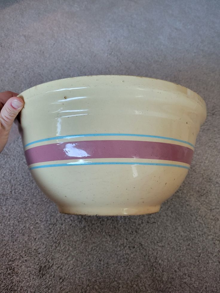 a hand is holding a bowl on the floor in front of a carpeted area