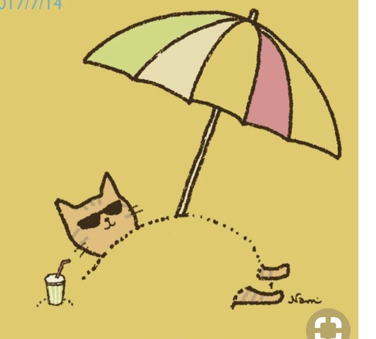 a drawing of a cat in the sand under an umbrella with a drink on it