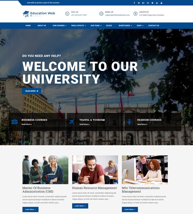 the university website is displayed in blue and white