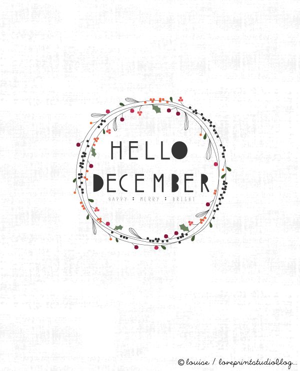 the hello december logo with holly wreaths and berries on white paper, which reads hello december