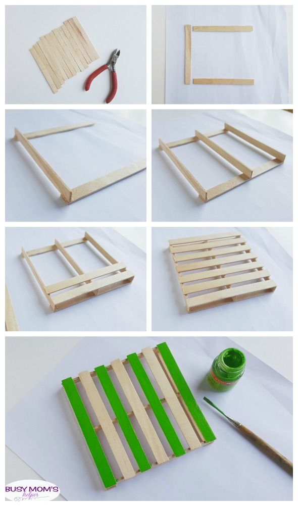 the steps to make a diy pallet with wood and green tape on it