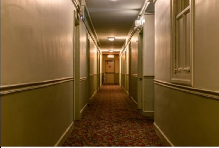 an empty hallway leading to another room with light on the ceiling and carpeted floor