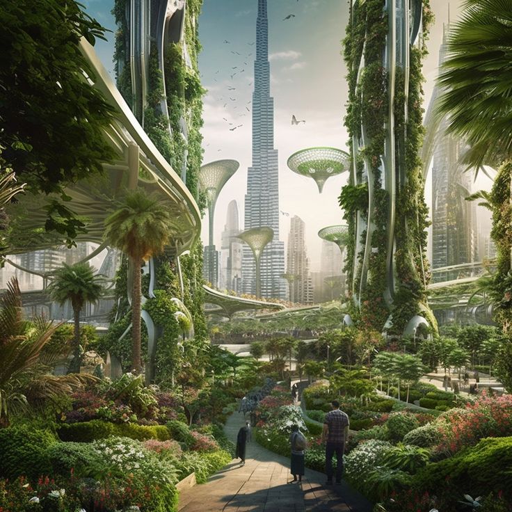 the futuristic city is surrounded by trees and greenery, with people walking through it