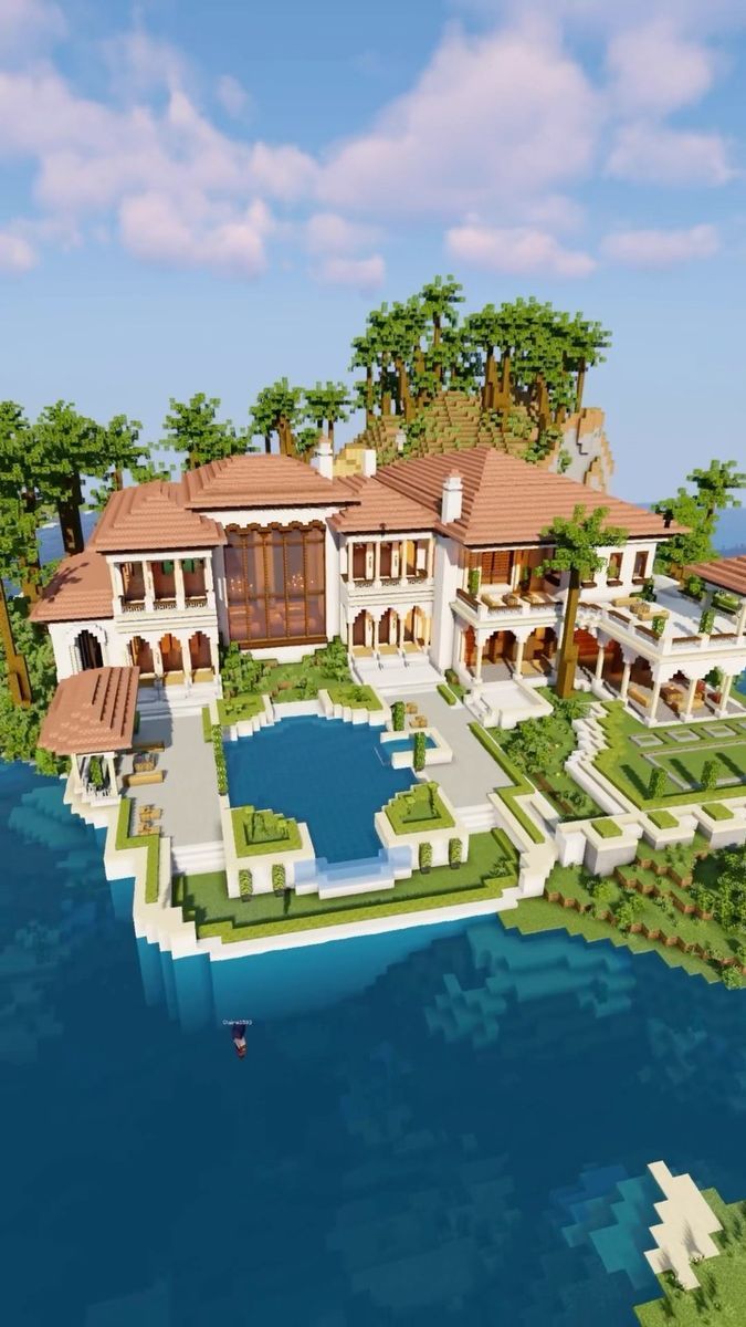 this is an image of a large house in the middle of some water and trees