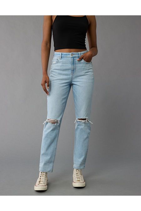 Stretchy at the waist, rigid everywhere else./Light wash/Ripped American Eagle Jeans Ripped, Cute Mom Jeans, Rip Mom, Aerie Bras, Ripped Mom Jeans, Ae Jeans, Jeans Ripped, Mom Jean, Graphic Tops