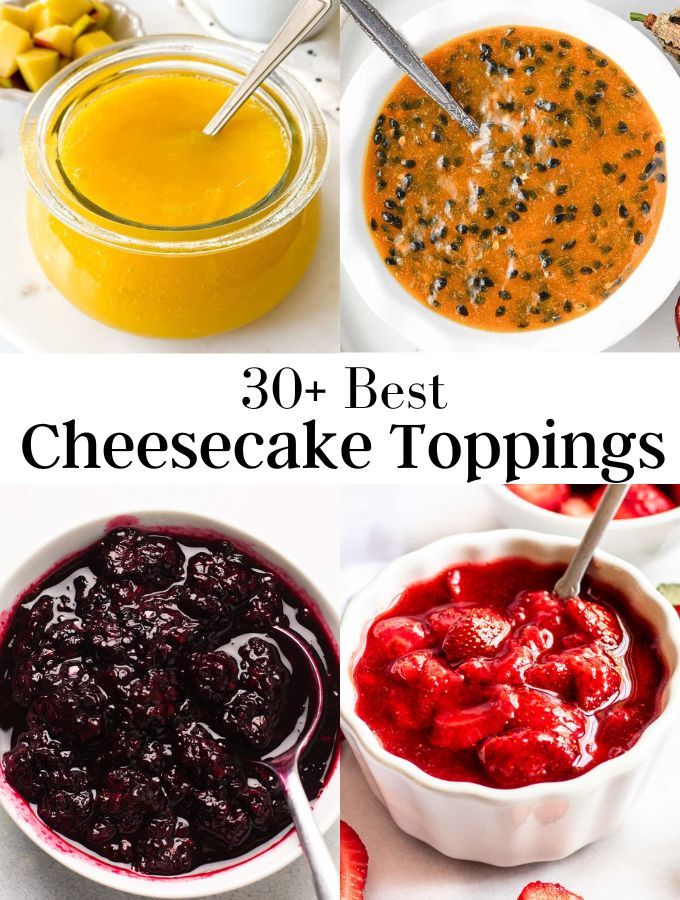 different types of cheesecake toppings in bowls