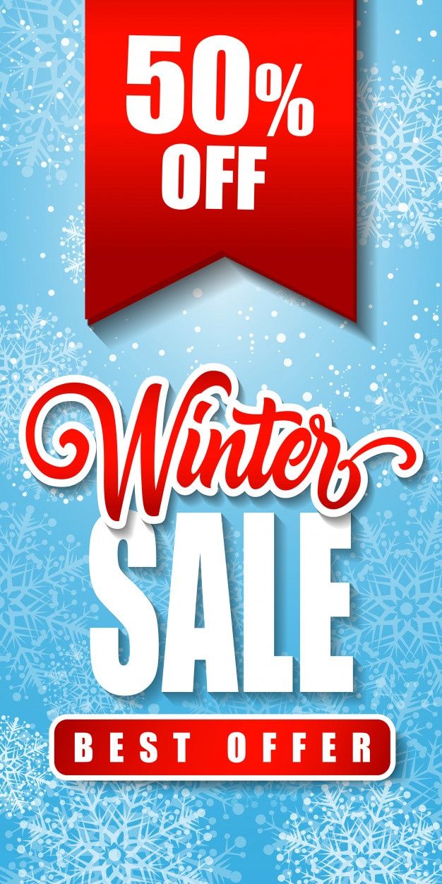 winter sale banner with red ribbon and snowflakes