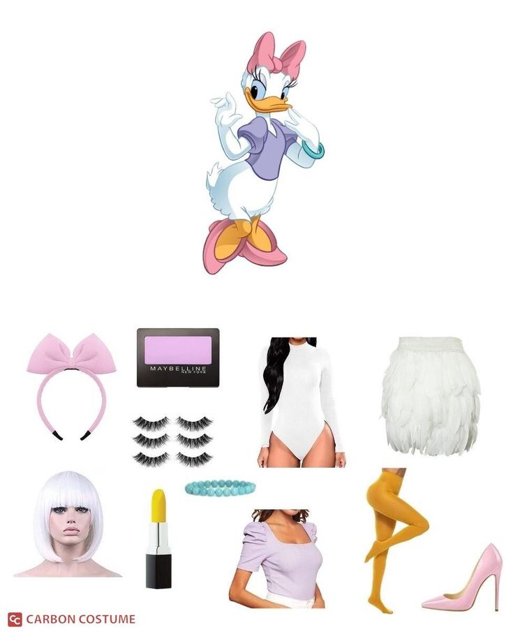 an assortment of items including shoes, wigs, and makeup are arranged on a white background