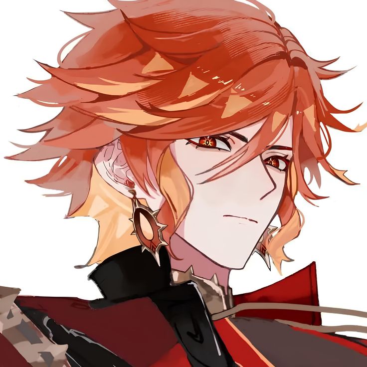 an anime character with red hair and piercings on his ears is looking at the camera