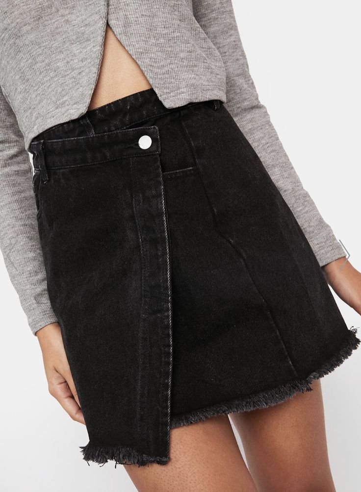 Black Asymmetrical Denim Skirt - Shop Amour Boutique Fitted Dark Wash Asymmetrical Denim Skirt, Edgy Dark Wash Denim Skirt, Edgy Black Denim Skirt, Black Denim Mini Skirt With Frayed Hem, Black Denim Grunge Skirt, Black Denim Skirt Outfit, Black Denim Skirt, Denim Skirt Outfits, Trendy Street Style