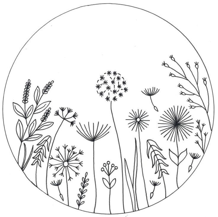 a black and white drawing of dandelions in a circle with leaves on it