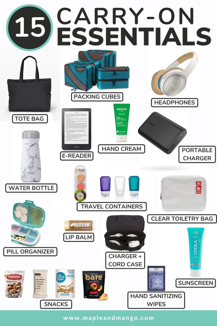 the top ten carry on essentials for travel with text that reads, 15 carry - on essentials