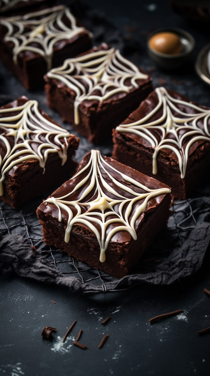 chocolate brownies with white icing on a black surface next to other dessert items