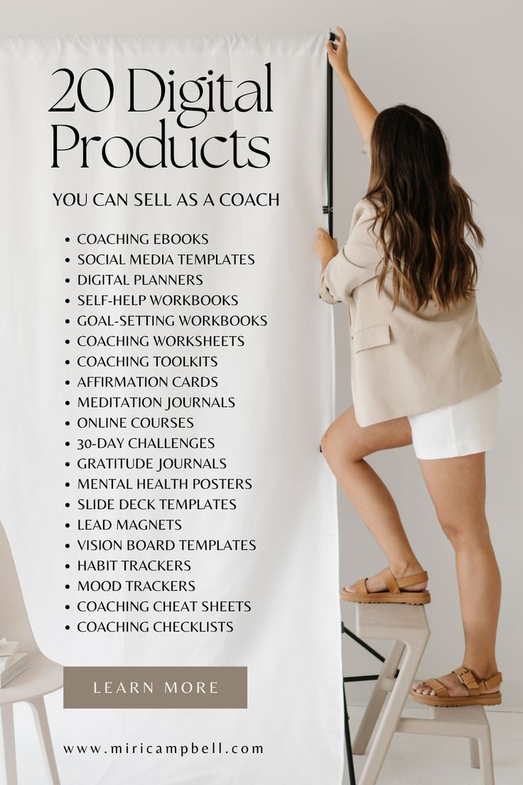 a woman standing on top of a chair next to a white sign that says 20 digital products you can sell as a coach