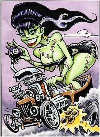 a drawing of a woman riding on top of a motorcycle with an evil demon in the background